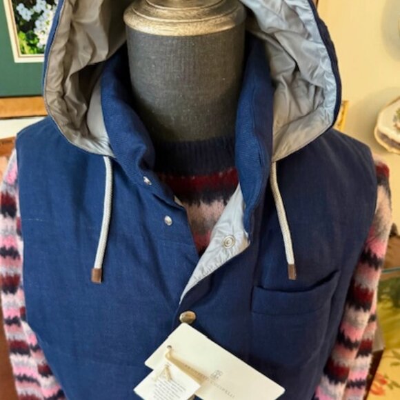 BRUNELLO CUCINELLI LUX Down Padded Vest, Navy,Linen Silk Wool,Hood, M, RT$3200 - Picture 14 of 15